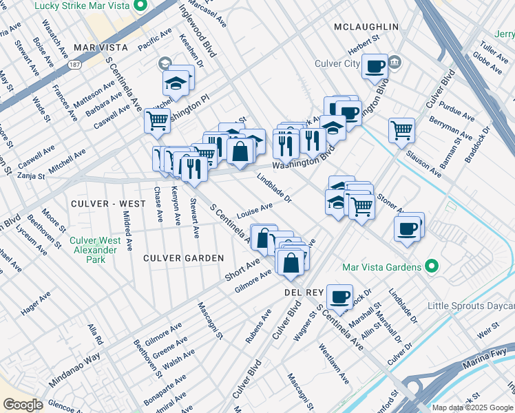 map of restaurants, bars, coffee shops, grocery stores, and more near 4278 Grand View Boulevard in Los Angeles