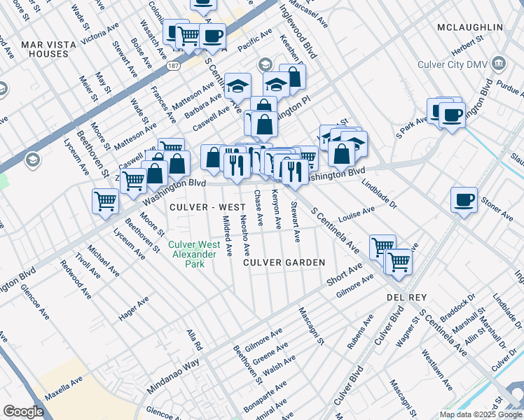 map of restaurants, bars, coffee shops, grocery stores, and more near 4148 Chase Avenue in Los Angeles