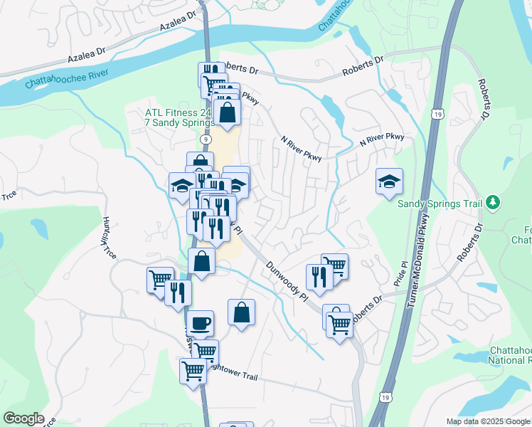 map of restaurants, bars, coffee shops, grocery stores, and more near 135 North River Drive in Atlanta