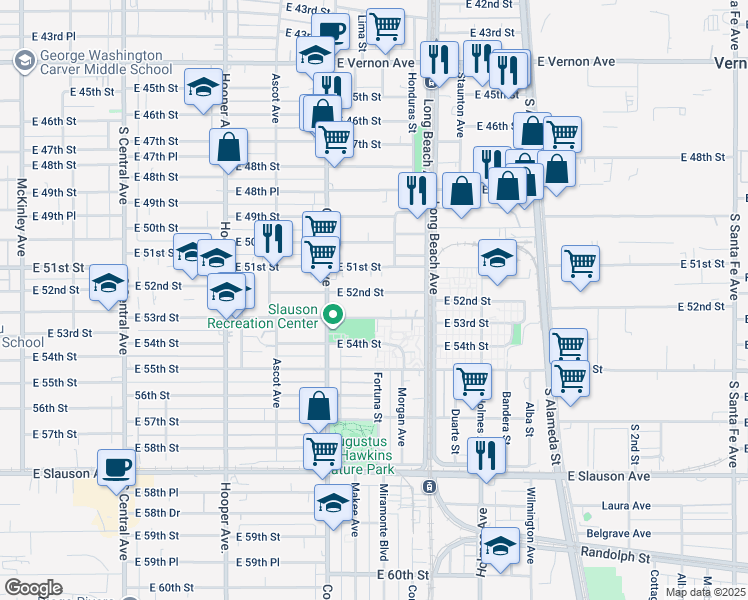 map of restaurants, bars, coffee shops, grocery stores, and more near 1560 East 52nd Street in Los Angeles