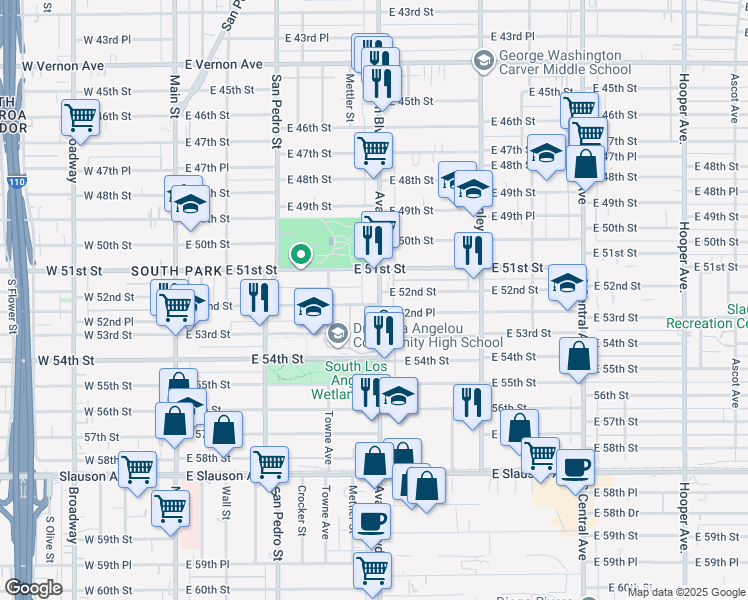 map of restaurants, bars, coffee shops, grocery stores, and more near 5135 Avalon Boulevard in Los Angeles