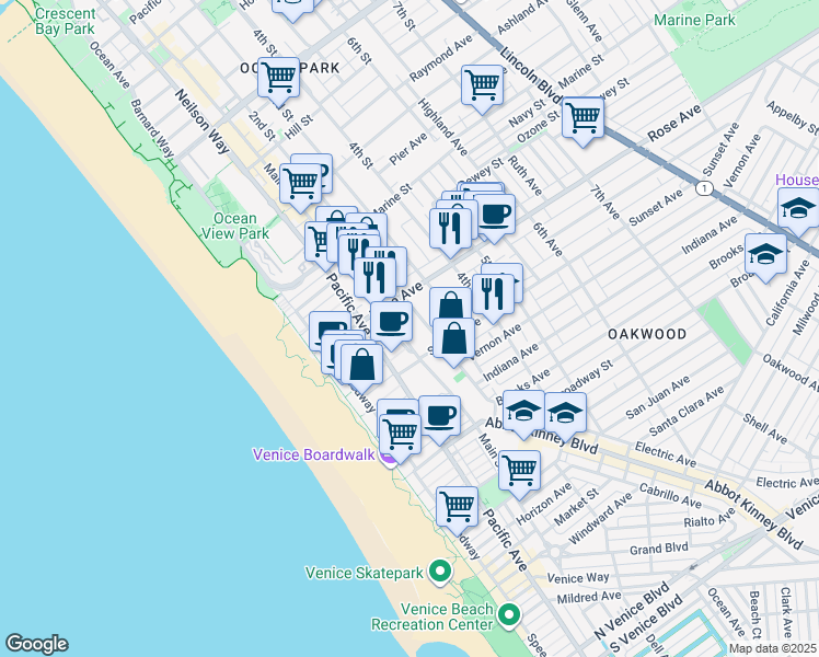 map of restaurants, bars, coffee shops, grocery stores, and more near 340 Main Street in Los Angeles