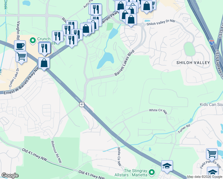 map of restaurants, bars, coffee shops, grocery stores, and more near 1900 Diplomat Lane Northwest in Kennesaw