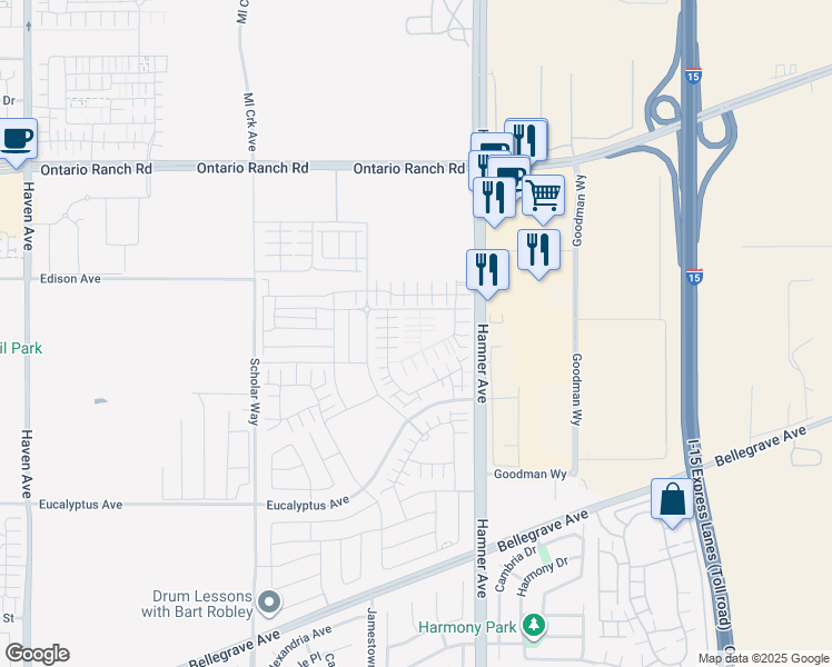 map of restaurants, bars, coffee shops, grocery stores, and more near 4216 South Hummingbird Paseo in Ontario