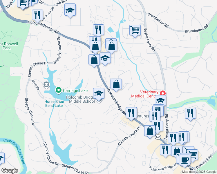 map of restaurants, bars, coffee shops, grocery stores, and more near 2745 Holcomb Bridge Road in Alpharetta