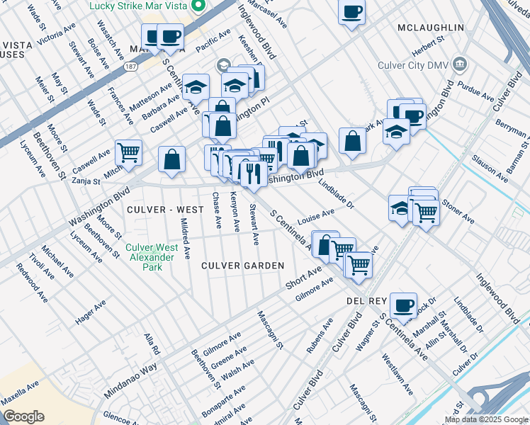 map of restaurants, bars, coffee shops, grocery stores, and more near 4227 South Centinela Avenue in Los Angeles