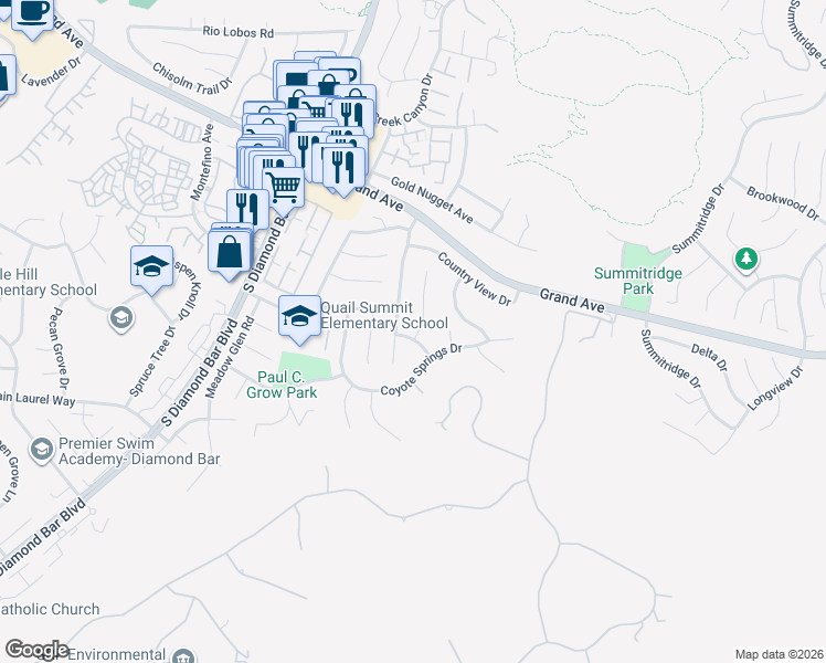 map of restaurants, bars, coffee shops, grocery stores, and more near 1557 Autumn Hill Road in Diamond Bar