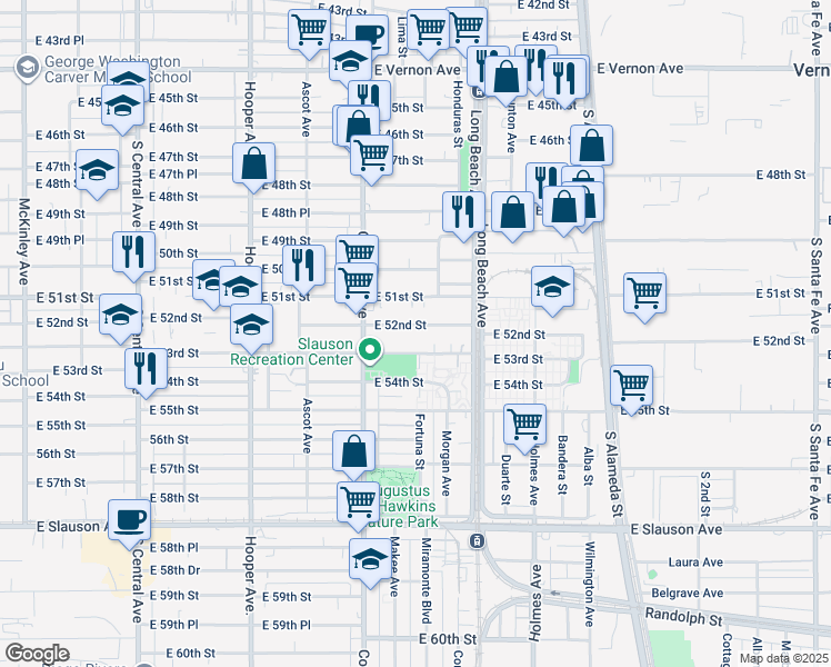 map of restaurants, bars, coffee shops, grocery stores, and more near 1560 East 52nd Street in Los Angeles