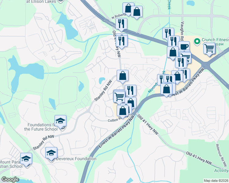map of restaurants, bars, coffee shops, grocery stores, and more near 1671 Leyland Dr in Kennesaw