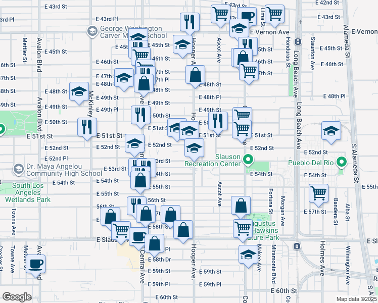 map of restaurants, bars, coffee shops, grocery stores, and more near 1280 East 52nd Street in Los Angeles