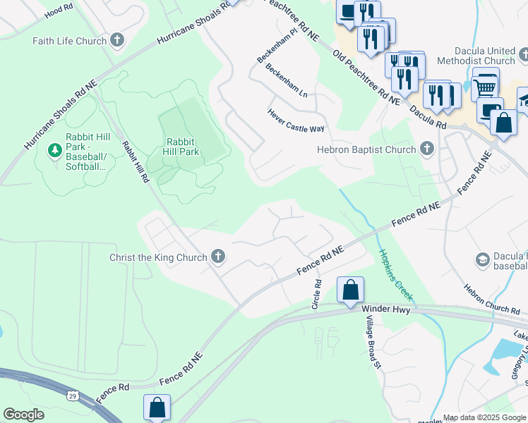 map of restaurants, bars, coffee shops, grocery stores, and more near 321 Yarbrough Court in Dacula