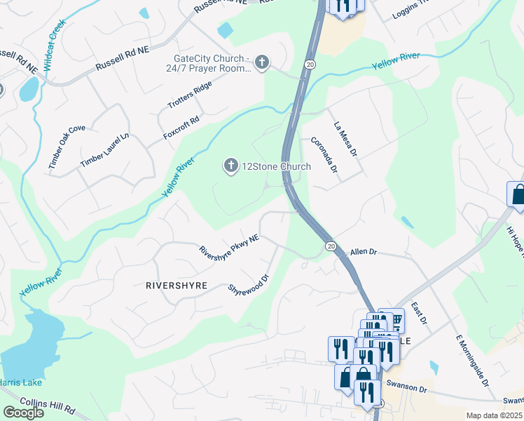 map of restaurants, bars, coffee shops, grocery stores, and more near 1244 Riverloch Way in Lawrenceville