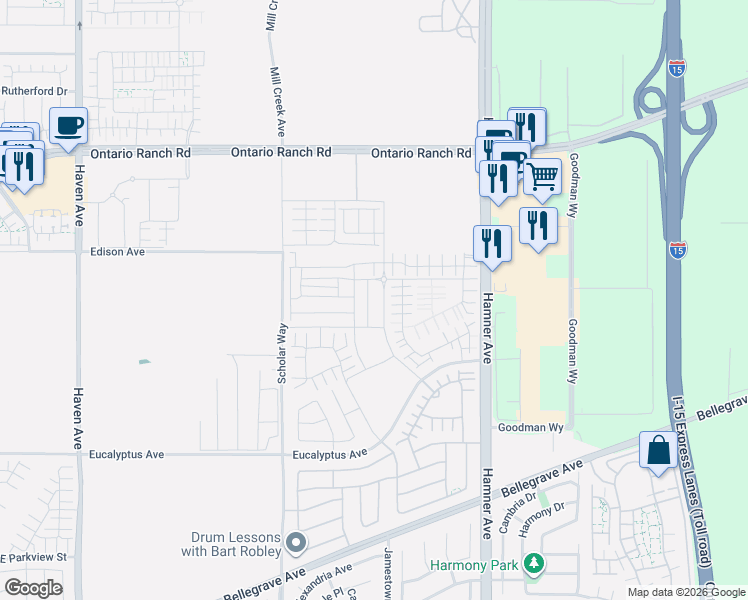 map of restaurants, bars, coffee shops, grocery stores, and more near 4261 South Hermosa Paseo in Ontario