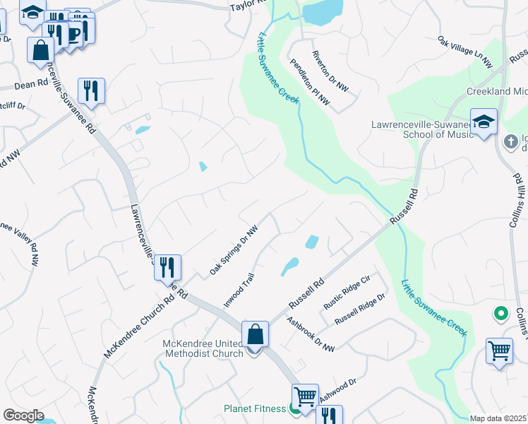 map of restaurants, bars, coffee shops, grocery stores, and more near 455 Oak Springs Drive Northwest in Lawrenceville