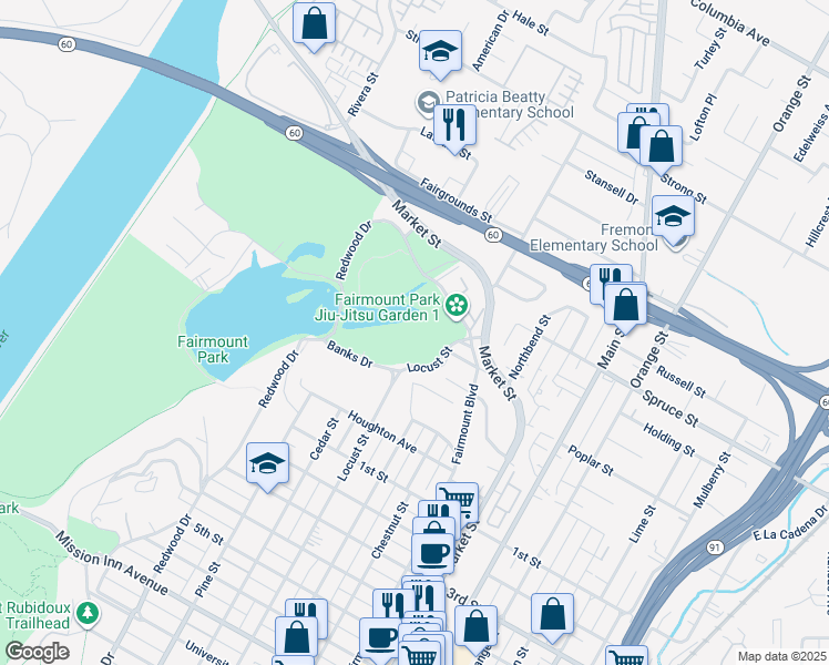 map of restaurants, bars, coffee shops, grocery stores, and more near 2560 Dexter Drive in Riverside