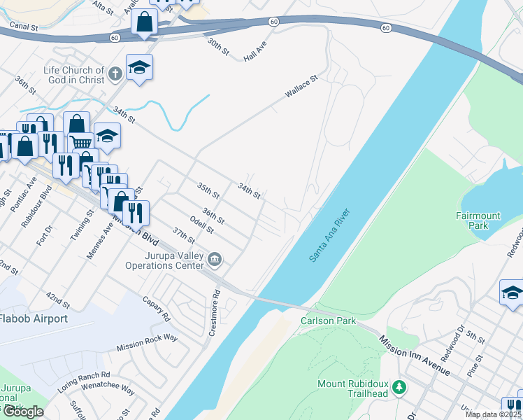 map of restaurants, bars, coffee shops, grocery stores, and more near 5219 34th Street in Riverside