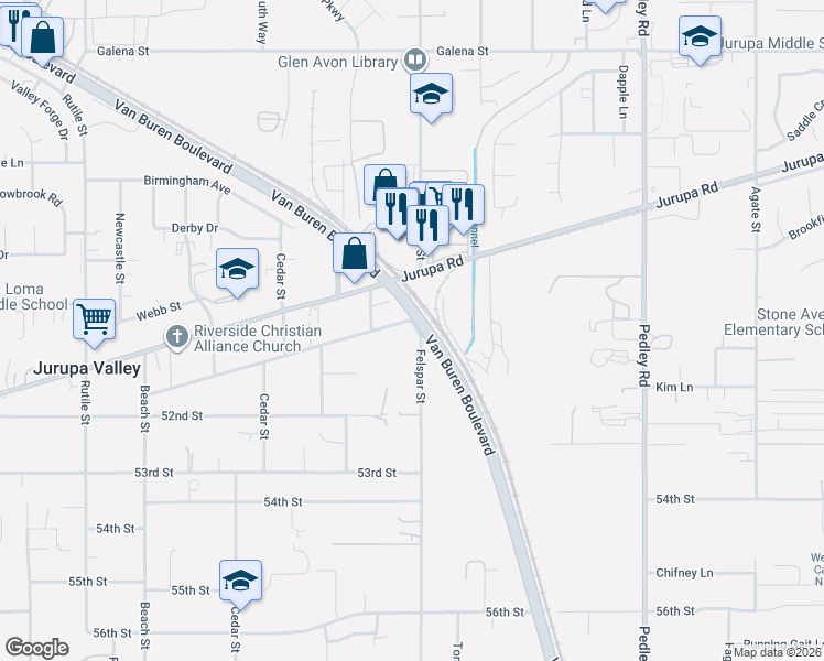 map of restaurants, bars, coffee shops, grocery stores, and more near 9231 51st Street in Riverside
