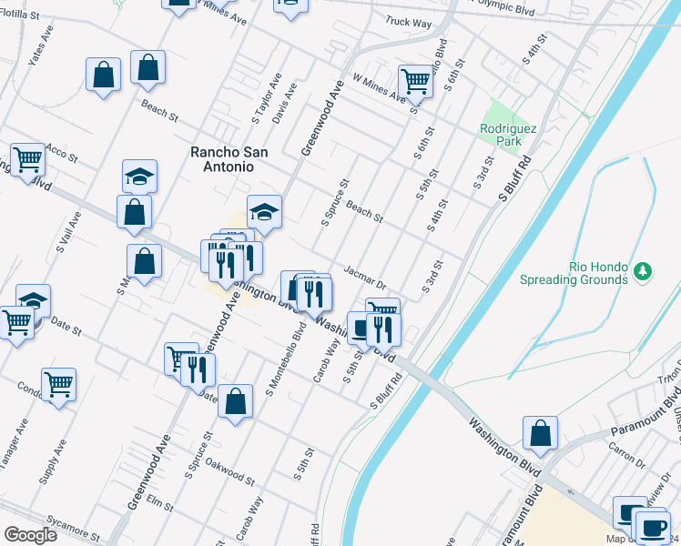 map of restaurants, bars, coffee shops, grocery stores, and more near 642 Jacmar Drive in Montebello