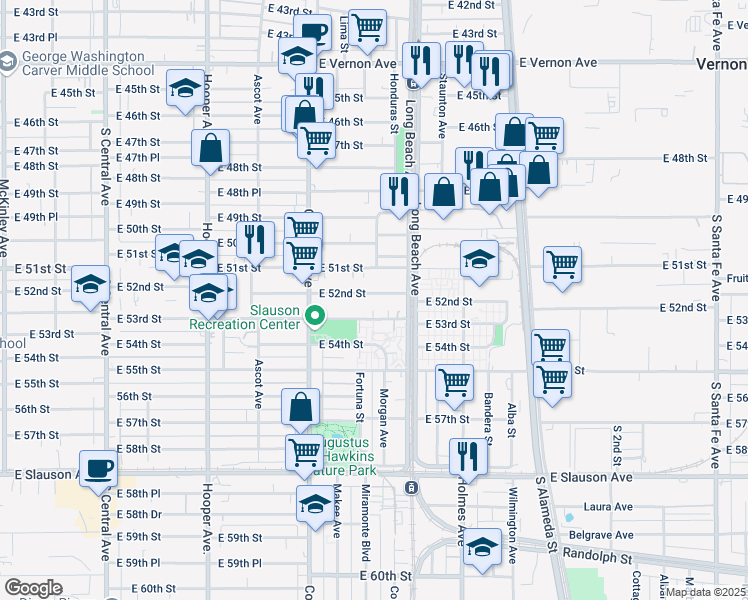 map of restaurants, bars, coffee shops, grocery stores, and more near 1613 East 52nd Street in Los Angeles