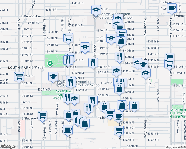 map of restaurants, bars, coffee shops, grocery stores, and more near 767 East 52nd Street in Los Angeles