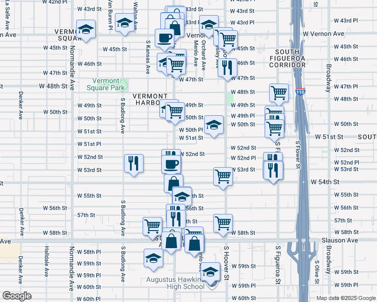 map of restaurants, bars, coffee shops, grocery stores, and more near 917 West 51st Place in Los Angeles