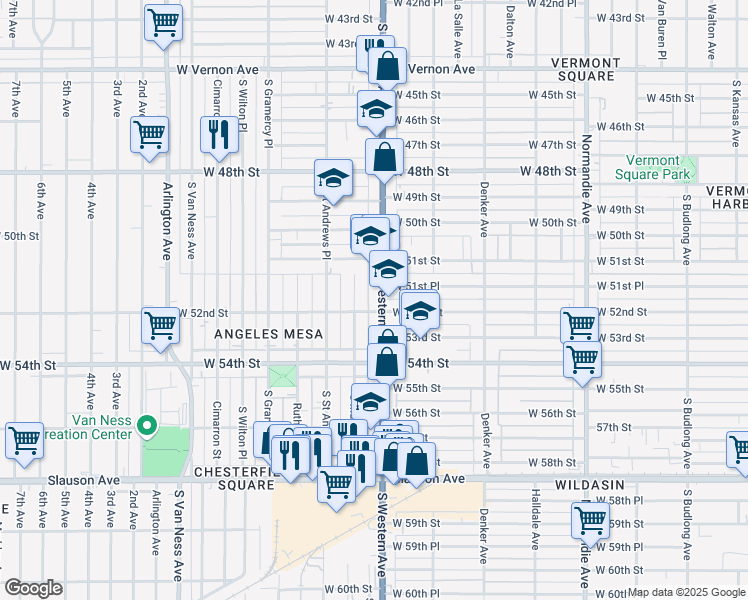 map of restaurants, bars, coffee shops, grocery stores, and more near 5133 South Western Avenue in Los Angeles