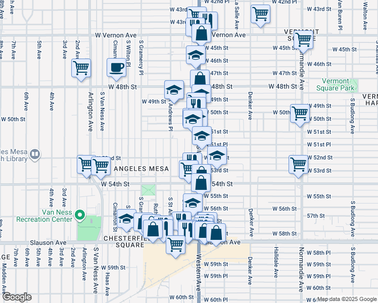 map of restaurants, bars, coffee shops, grocery stores, and more near 5101 South Western Avenue in Los Angeles