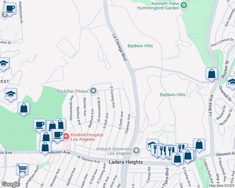 map of restaurants, bars, coffee shops, grocery stores, and more near 5102 South Garth Avenue in Los Angeles