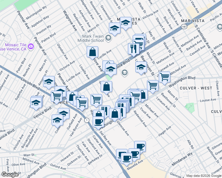 map of restaurants, bars, coffee shops, grocery stores, and more near 2445 Walgrove Avenue in Los Angeles