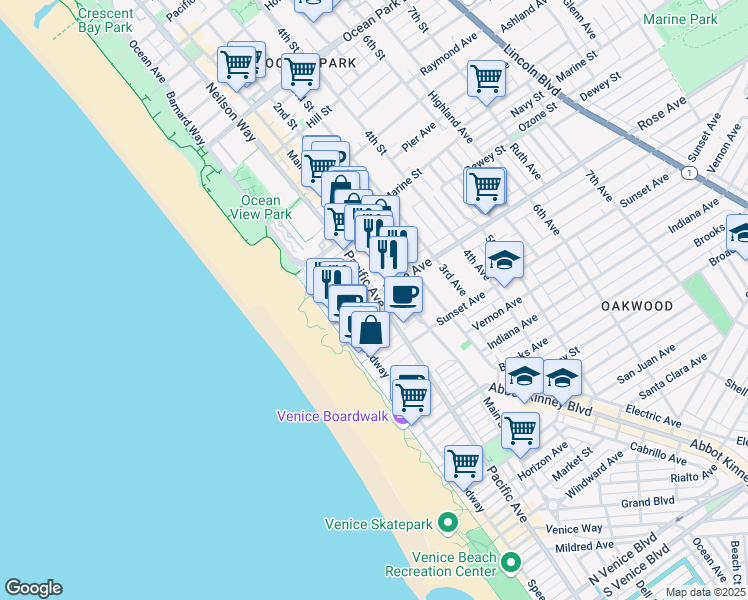 map of restaurants, bars, coffee shops, grocery stores, and more near 59 Ozone Court in Los Angeles