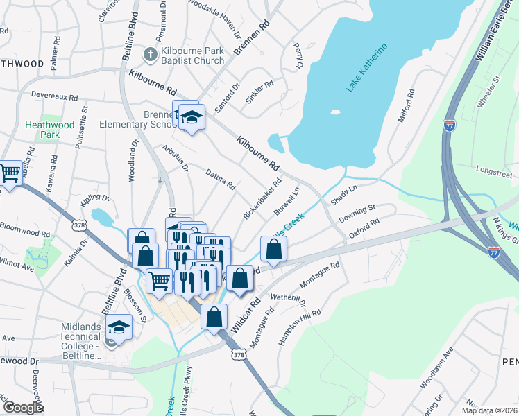 map of restaurants, bars, coffee shops, grocery stores, and more near 911 Rickenbaker Road in Columbia