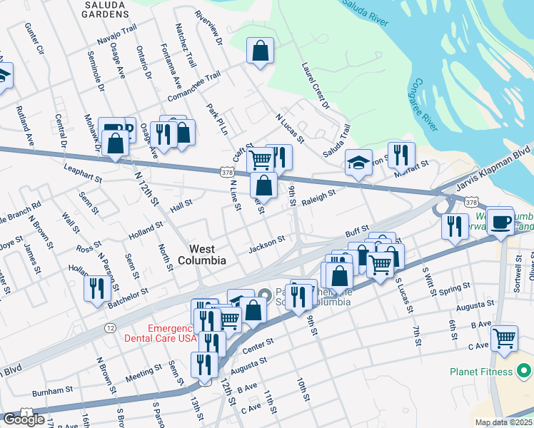 map of restaurants, bars, coffee shops, grocery stores, and more near 518 Jasper Street in West Columbia