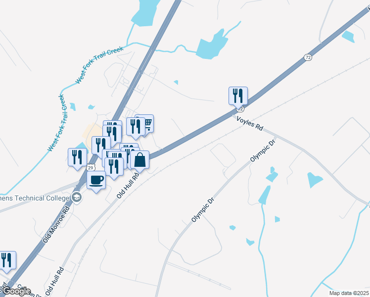 map of restaurants, bars, coffee shops, grocery stores, and more near 1020 Hull Road in Athens