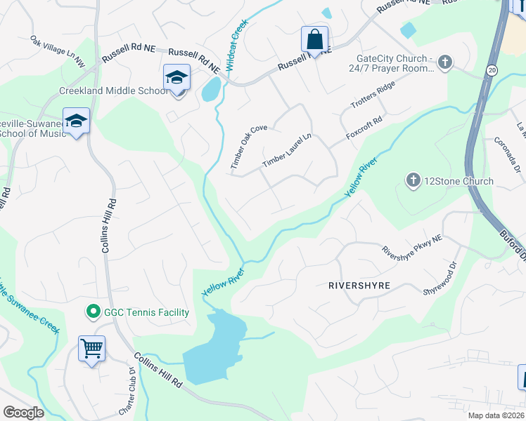 map of restaurants, bars, coffee shops, grocery stores, and more near 1510 Laurel River Trail in Lawrenceville
