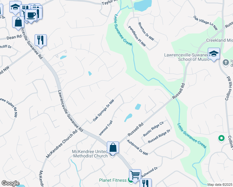 map of restaurants, bars, coffee shops, grocery stores, and more near 455 Oak Springs Drive Northwest in Lawrenceville