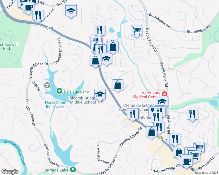 map of restaurants, bars, coffee shops, grocery stores, and more near 50 Townview Drive in Alpharetta