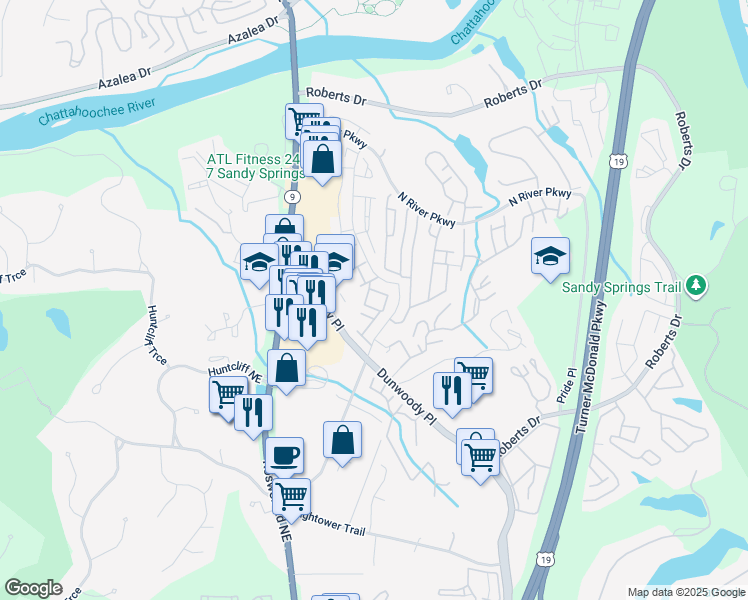 map of restaurants, bars, coffee shops, grocery stores, and more near 304 Sandalwood Drive in Sandy Springs