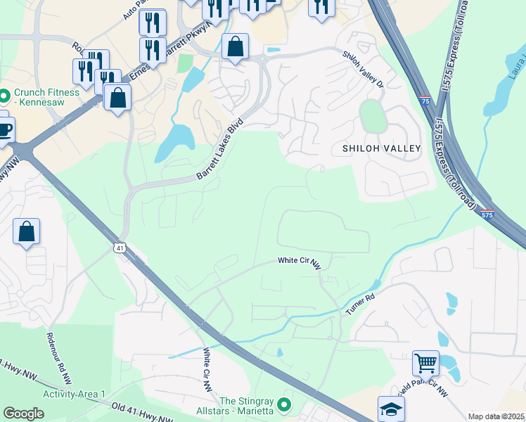 map of restaurants, bars, coffee shops, grocery stores, and more near Noonday Church Road in Marietta