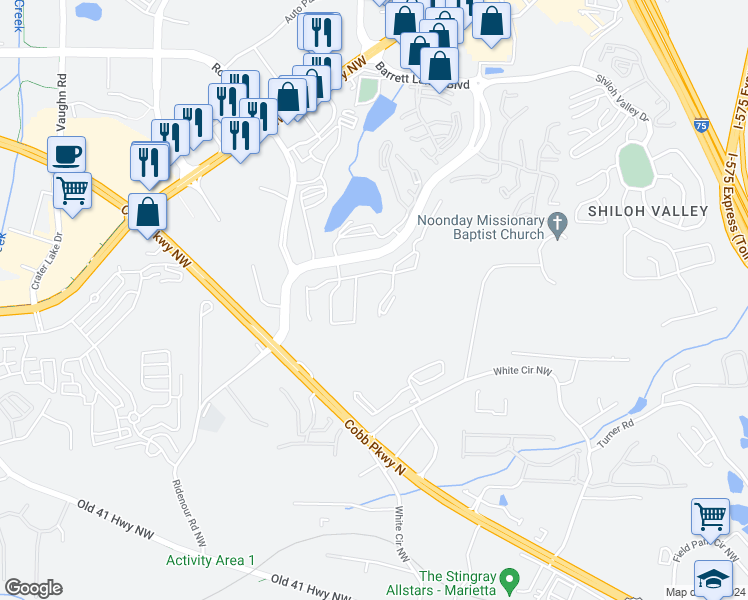 map of restaurants, bars, coffee shops, grocery stores, and more near 1900 Diplomat Lane Northwest in Kennesaw