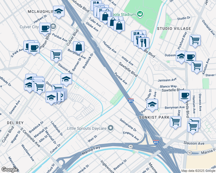 map of restaurants, bars, coffee shops, grocery stores, and more near 4936 Coolidge Avenue in Culver City