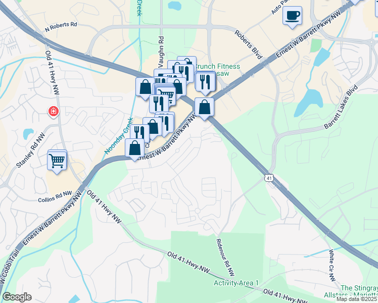 map of restaurants, bars, coffee shops, grocery stores, and more near 1823 Willow Branch Lane in Kennesaw
