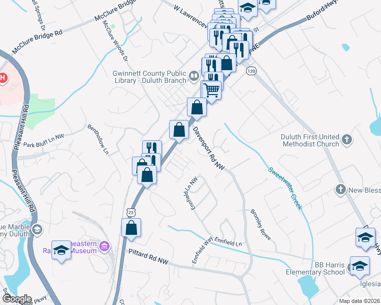 map of restaurants, bars, coffee shops, grocery stores, and more near 3209 Ridge Towne Place in Duluth