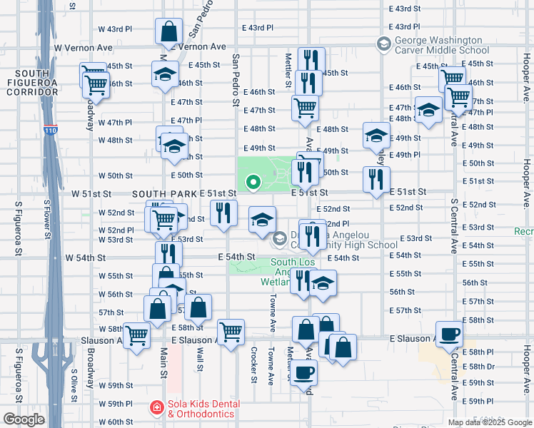 map of restaurants, bars, coffee shops, grocery stores, and more near 5119 Towne Avenue in Los Angeles