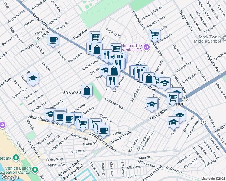 map of restaurants, bars, coffee shops, grocery stores, and more near 839 Milwood Avenue in Los Angeles