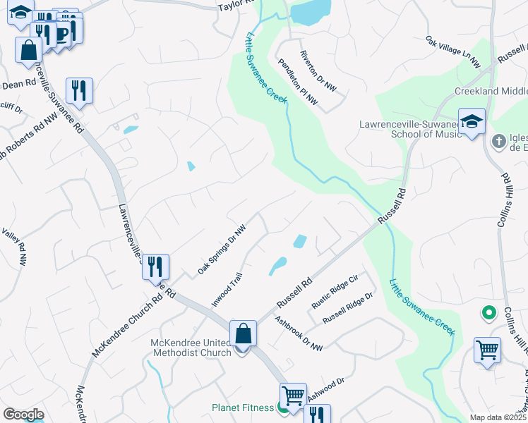 map of restaurants, bars, coffee shops, grocery stores, and more near 345 Oak Springs Drive Northwest in Lawrenceville