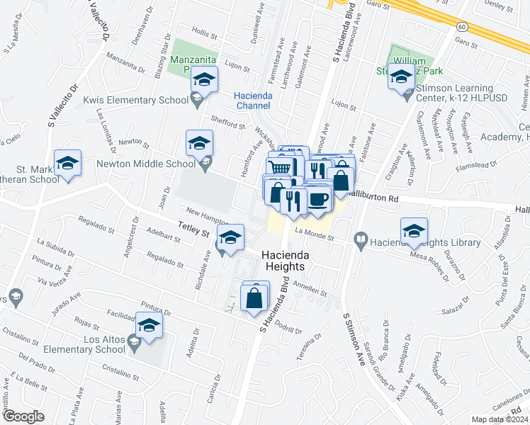 map of restaurants, bars, coffee shops, grocery stores, and more near 15774 Newton Street in Hacienda Heights