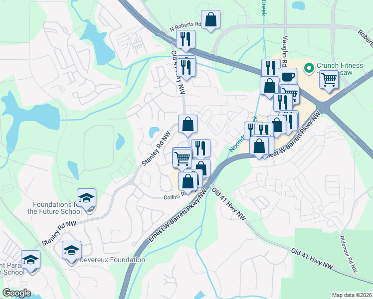 map of restaurants, bars, coffee shops, grocery stores, and more near 1750 Old 41 Highway Northwest in Kennesaw