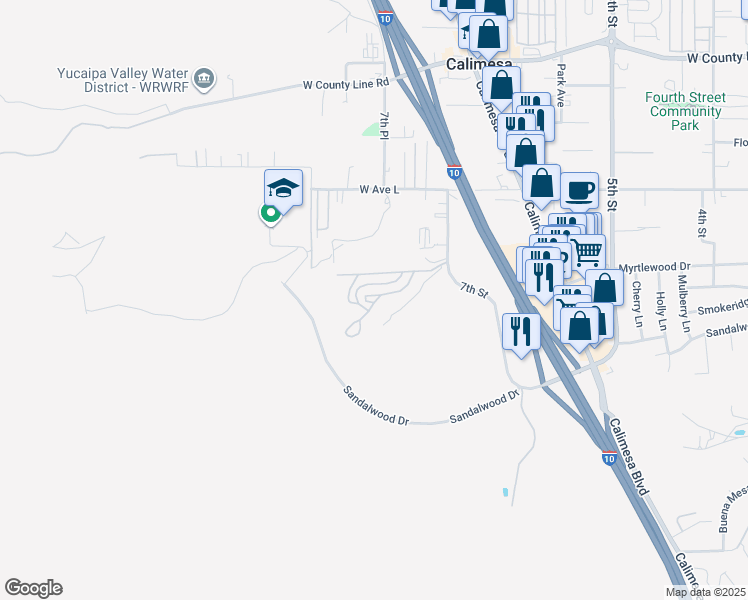 map of restaurants, bars, coffee shops, grocery stores, and more near 1134 Villa Calimesa Lane in Calimesa