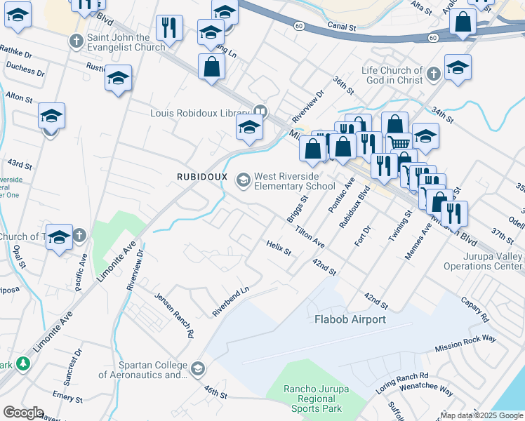 map of restaurants, bars, coffee shops, grocery stores, and more near 5754 Tilton Avenue in Riverside