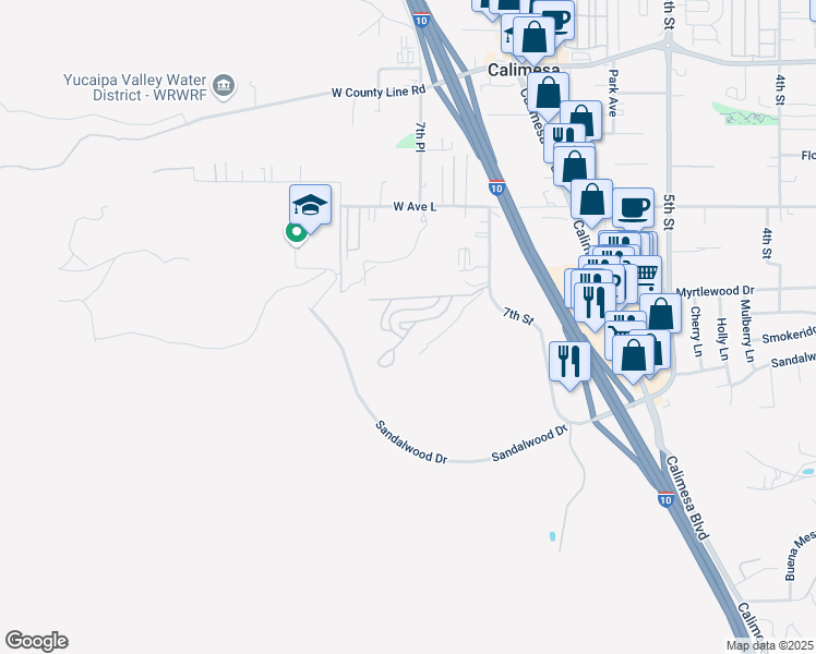 map of restaurants, bars, coffee shops, grocery stores, and more near in Calimesa